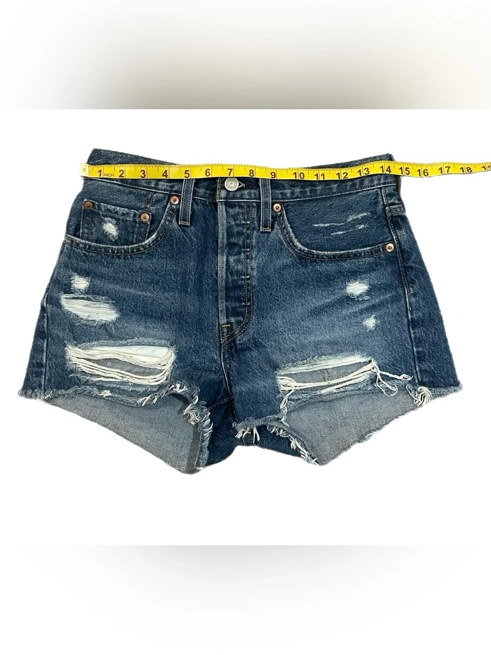 Women’s Levi's 501 Distressed Denim Jean Shorts W26 Ripped Frayed Hem Blue